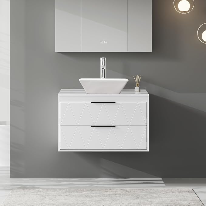 eclife 30" Floating Bathroom Vanities with Sink Combo, Wall Mounted Modern Cabinet W/Diamond Line Pattern Design, White Square Ceramic Vessel Sink W/Water Save Faucet & Pop Up Drain, White