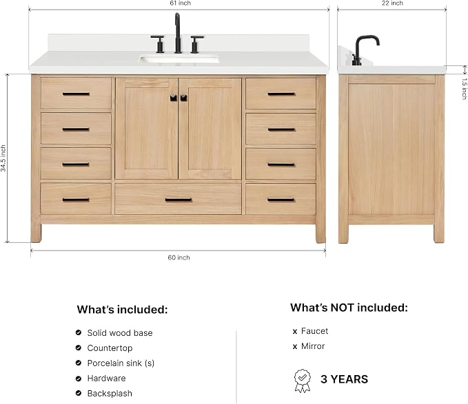 ARIEL Cambridge 60-inch Bathroom Vanity with Sink,Solid Wood, 1.5-inch Pure White Quartz Countertop, Single Rectangular Porcelain Sink, 2 Soft Closing Doors, 9 Dovetail Drawers, White Oak