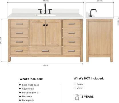ARIEL Cambridge 60-inch Bathroom Vanity with Sink,Solid Wood, 1.5-inch Pure White Quartz Countertop, Single Rectangular Porcelain Sink, 2 Soft Closing Doors, 9 Dovetail Drawers, White Oak
