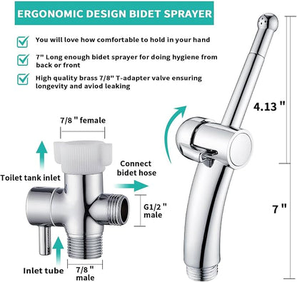 BARROCK Handheld Bidet Sprayer Combo Set for Toilet, Portable Bathroom Bidet Seat Attachment, 2 Way Installation Hang or Wall-Mount Shattaf Kit for Women with Brass T-Valve Explosion-Proof Hose Chrome