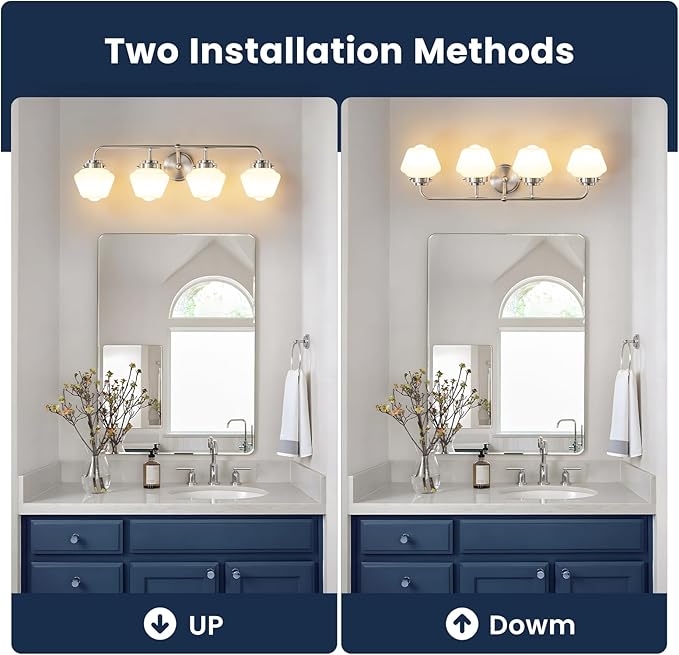 Bathroom Vanity Light Fixtures: 4-Lights Brushed Nickel Vintage Light Fixtures for Bathroom Above Mirror, Wall Lights Indoor with Frosted Milky Glass for Bath Bedroom