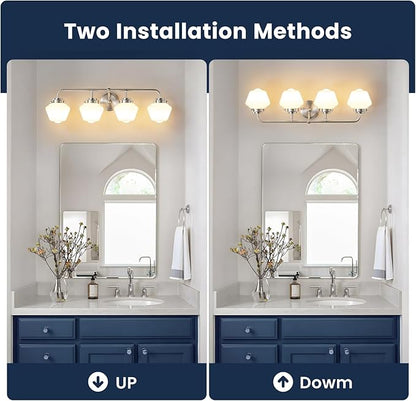 Bathroom Vanity Light Fixtures: 4-Lights Brushed Nickel Vintage Light Fixtures for Bathroom Above Mirror, Wall Lights Indoor with Frosted Milky Glass for Bath Bedroom