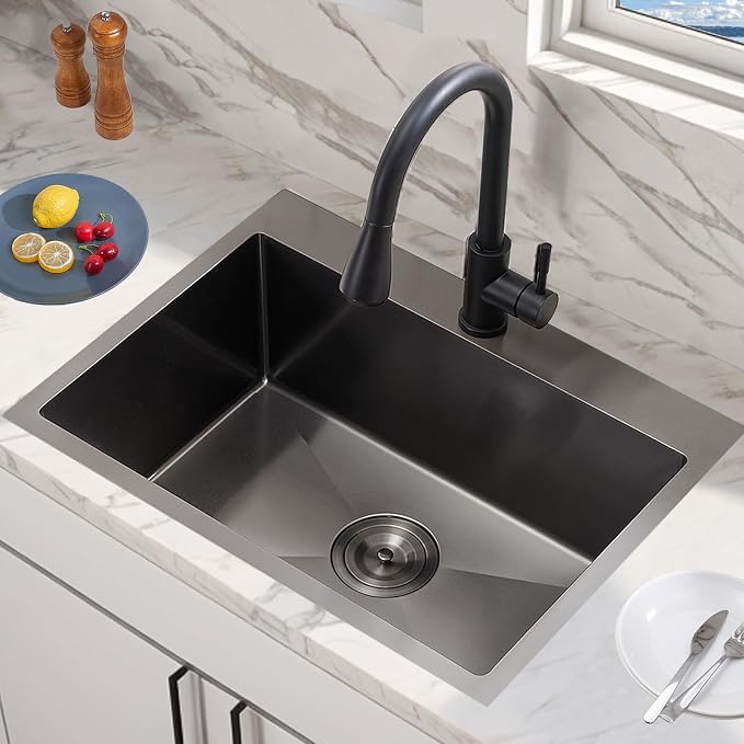VCCUCINE 22x18 Inch Gunmetal Black Drop in Kitchen Sink,16 Gauge Topmount RV Small Kitchen Bar Sink,Stainless Steel Wet Bar Sink,Outdoor Single Bowl,Laundry Prep Sink