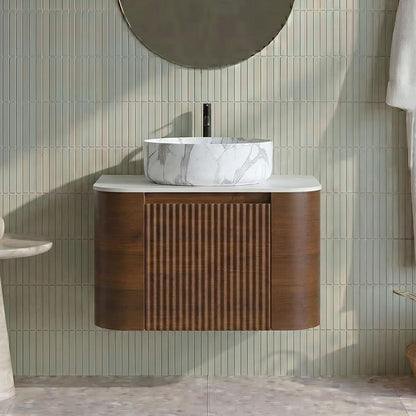 24" Preassembled Floating Bathroom Vanity with Carrara Finish Sink, Walnut | Mid-Century Modern Style, Fluted & Soft-Close Drawer with U-shaped Wall, Sinterted Stone Countertop, Towel Rack Included