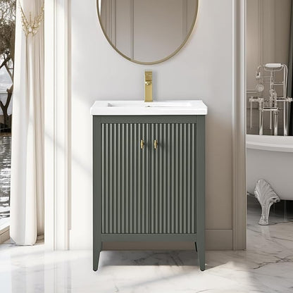 Vanity Art 24 inch Bathroom Vanity with Single Sink & Ceramic Top, Vanity Cabinet with Soft-Closing Door, Solid Wood Frame, Linear Pattern, Vintage Green, Golden Brushed Handware VA9124-VG-GB