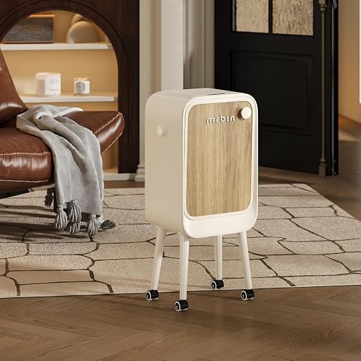 MRBIN Stainless Steel Motion Sensor Trash Can Bathroom with Butterfly Lid and Leg, 5.5 Gal Wheeled Tall Automatic Smart Waste Basket Garbage for Bedroom, Kitchen, Cream White with Walnut Pattern