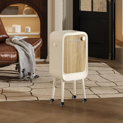 MRBIN Stainless Steel Motion Sensor Trash Can Bathroom with Butterfly Lid and Leg, 5.5 Gal Wheeled Tall Automatic Smart Waste Basket Garbage for Bedroom, Kitchen, Cream White with Walnut Pattern