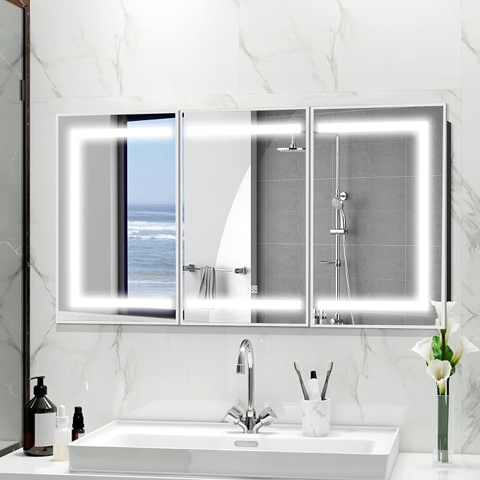 ROOMTEC 60 x 32 Inch Medicine Cabinet Mirror with LED Lights, Silver Bathroom Medicine Cabinet with Mirror and Storage, Recessed or Wall Mount, 3 Color Temperature, Dimmable Light