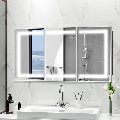 ROOMTEC 60 x 32 Inch Medicine Cabinet Mirror with LED Lights, Silver Bathroom Medicine Cabinet with Mirror and Storage, Recessed or Wall Mount, 3 Color Temperature, Dimmable Light