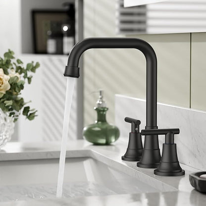 FORIOUS Black Bathroom Faucet for Sink 3 Hole,Widespread Matte Black Bathroom Sink Faucets,2 Handles RV Bathroom Faucets Vanity with Pop Up Drain and Supply Hoses