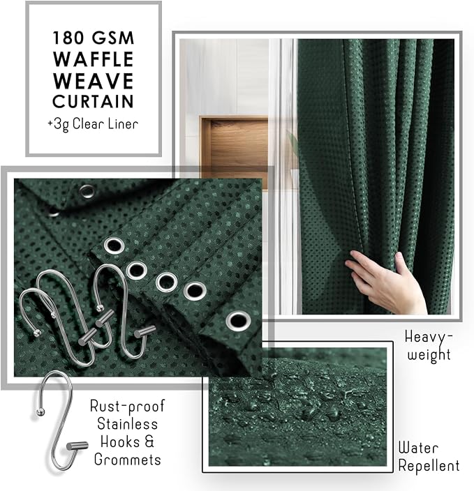 Clara Clark Bathroom Set, Shower Curtain Set and Shower Caddy Hanging | 25 Piece Hunter Green Bathroom Accessories Set with Toothbrush Holder, Soap Dispenser, Soap Dish, Toilet Brush, and Trash Can