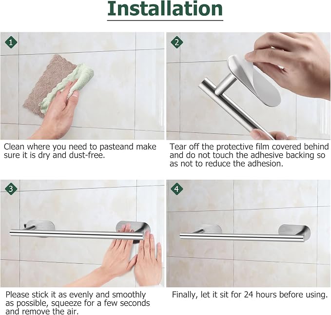 JiGiU Self Adhesive Towel Bar, Wall Mount No Drill Bathroom Hardware Set | Include 16-Inch Bath Towel Bar,Toilet Paper Holder Towel Ring & 3-Pack Towel Hooks Stainless Steel Sticky on Towel Holder Kit