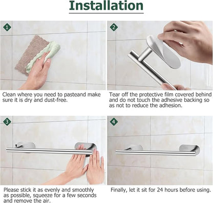 JiGiU Self Adhesive Towel Bar, Wall Mount No Drill Bathroom Hardware Set | Include 16-Inch Bath Towel Bar,Toilet Paper Holder Towel Ring & 3-Pack Towel Hooks Stainless Steel Sticky on Towel Holder Kit