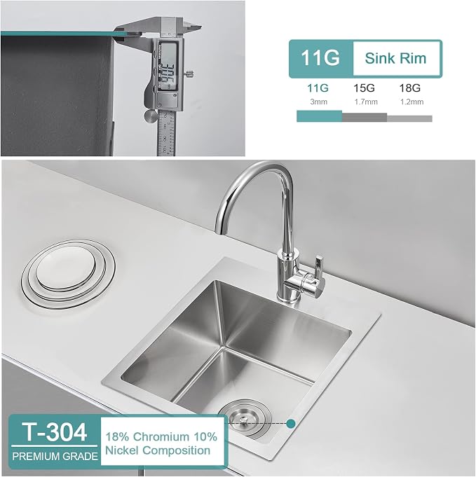 Brushed Topmount Kitchen Sink - 13”×15” Single Bowl Sink | 8 Inch Deep Handmade Bar Sink with Strainer, Stainless Steel 304, Center Drain, X-Groove Drainage, Sound-Dampening Pad