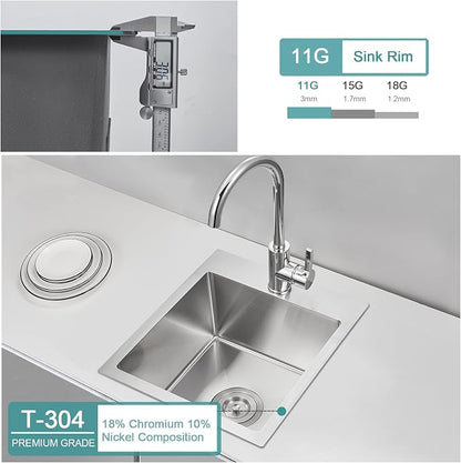 Brushed Topmount Kitchen Sink - 13”×15” Single Bowl Sink | 8 Inch Deep Handmade Bar Sink with Strainer, Stainless Steel 304, Center Drain, X-Groove Drainage, Sound-Dampening Pad