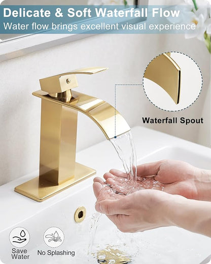 Gold Bathroom Faucet Waterfall, Brass Bathroom Faucets Single Hole or 3 Hole 4 Inch, Single Handle Bathroom Sink Faucet with Deck Plate & Drain