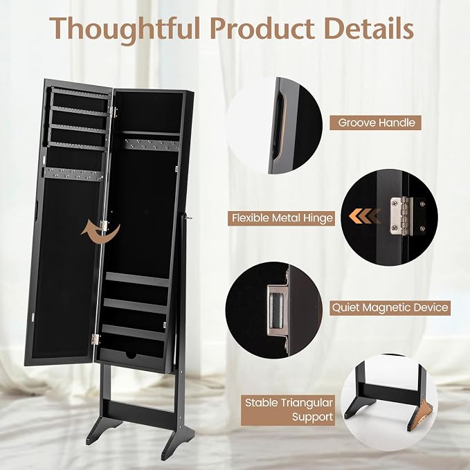 MAT EXPERT Jewelry Armoire Cabinet w/Full-Length Mirror, Jewelry Organizer Standing Mirror w/ 4 Shelves, 3 Adjustable Tilt Angles, Anti-toppling Device, Jewelry Cabinet for Bedroom, Living Room, Black