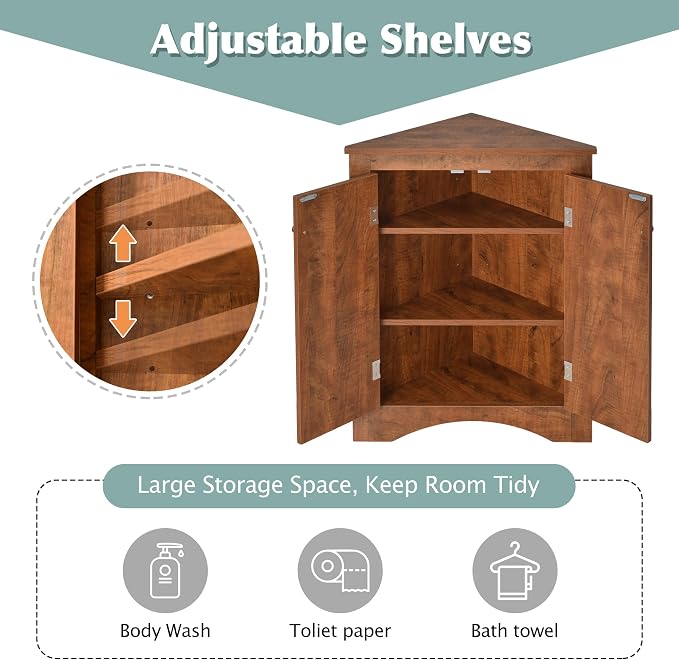 Corner Storage Cabinet with Two Doors and Adjustable Shelf, Freestanding Floor Space Saver for Bathroom, Living Room or Kitchen, Brown