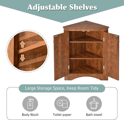 Corner Storage Cabinet with Two Doors and Adjustable Shelf, Freestanding Floor Space Saver for Bathroom, Living Room or Kitchen, Brown