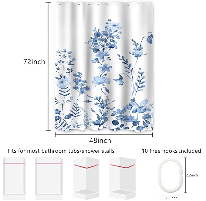 AWERT Small Half Size Stall Shower Curtain with Hooks Shower Stall Curtain 48 x 72 Light Blue Floral 48 inch for Bathroom/RV and Camper