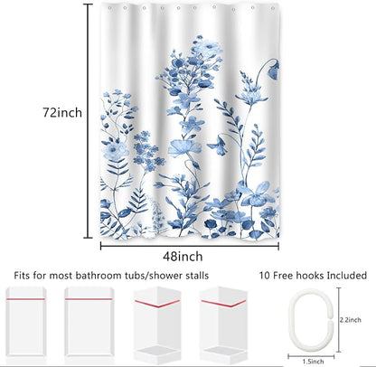 AWERT Small Half Size Stall Shower Curtain with Hooks Shower Stall Curtain 48 x 72 Light Blue Floral 48 inch for Bathroom/RV and Camper