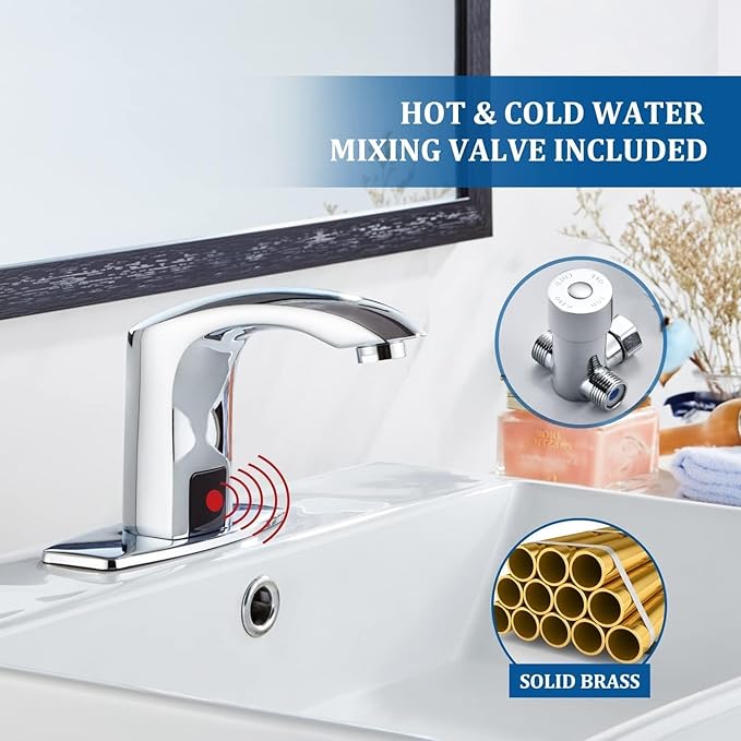 Luxice Sensor Automatic Touchless Bathroom Sink Faucet Hot & Cold Mixer Cover Plate Included Faucet,Chrome Finished
