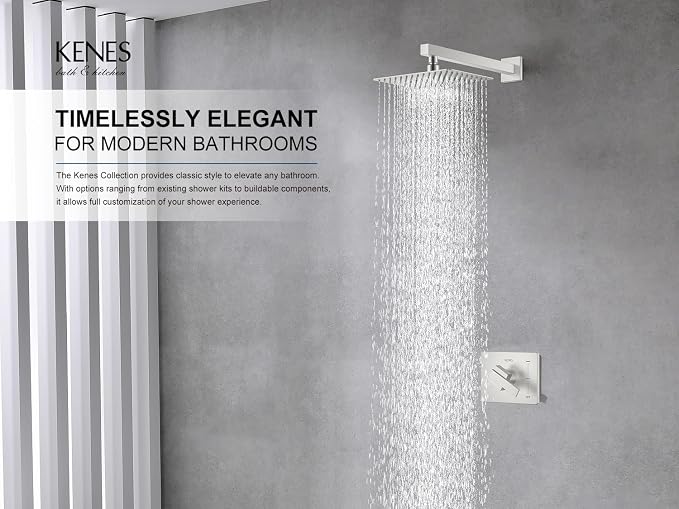 KENES Brushed Nickel Shower Head and Handle Set, Square Shower Faucet Set | Shower Faucet with 10-Inch Rain Shower Head, Square Shower System, Valve Included, Lead-Free cUPC & NSF Certified, Stainless
