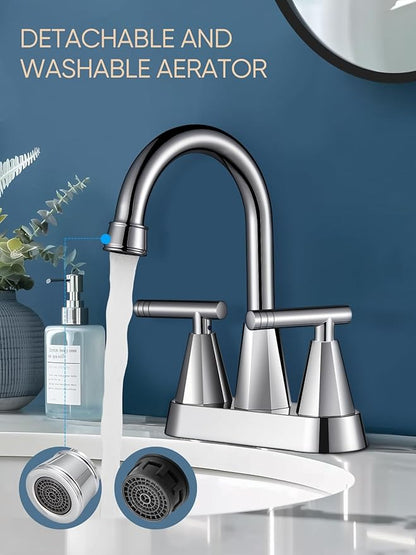 Cobbe Chrome Bathroom Faucets for Sink 3 Hole, 4 inch Chrome Bathroom Sink Faucet with Pop-up Drain and Supply Hoses, Stainless Steel Lead-Free Centerset Touch On Faucets for Bathroom Sink Vanity RV