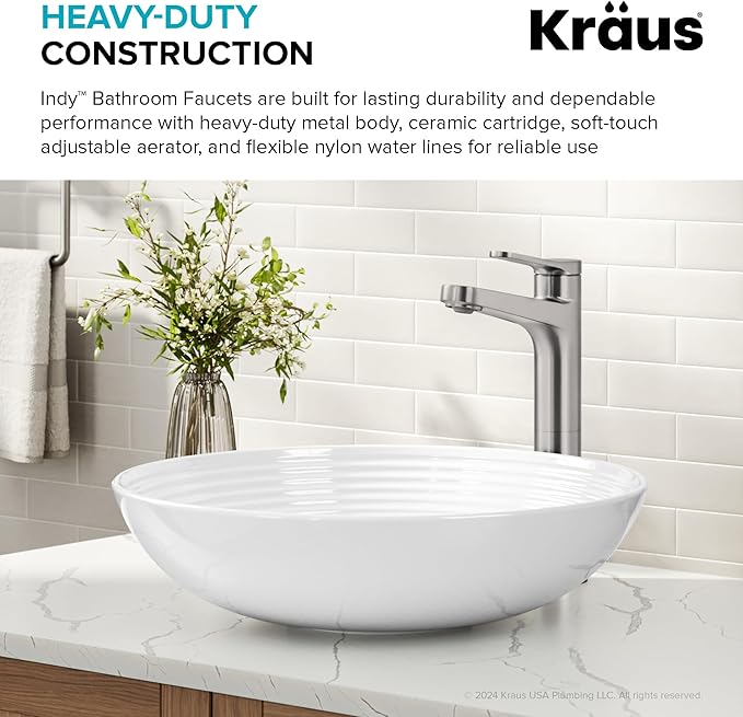 KRAUS Indy Bathroom Faucet for Vessel Sink in Spot-Free Brushed Nickel with Single Handle, Pop Up Drain and Supply Lines, KVF-1410SFBN