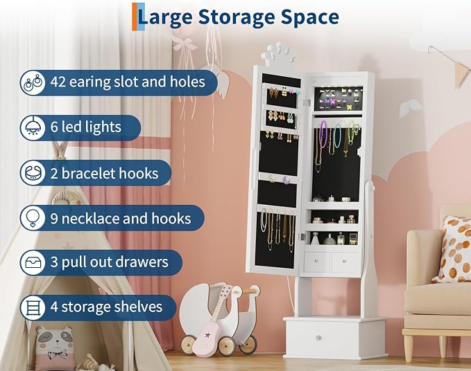 GarveeHome Kids Jewelry Armoire,Child Jewelry Cabinet with Light,Freestanding Jewelry Organizer with Full Length Mirror,3 Storage Drawer,Kids Vanity Dress Up Mirror Jewelry Cabinet for Girls(White)