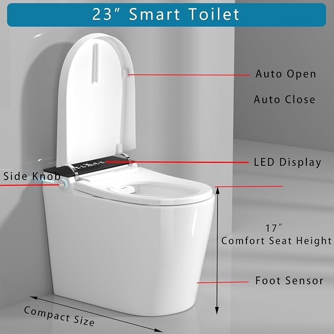 WinZo 23" Compact Smart Toilet with Bidet Seat Built-in For Small Bathroom, Auto Flush, LED Night Light,Heated Bidet with Warm Air Drying (White with Black Panel) (12 inches Rough-in Black)