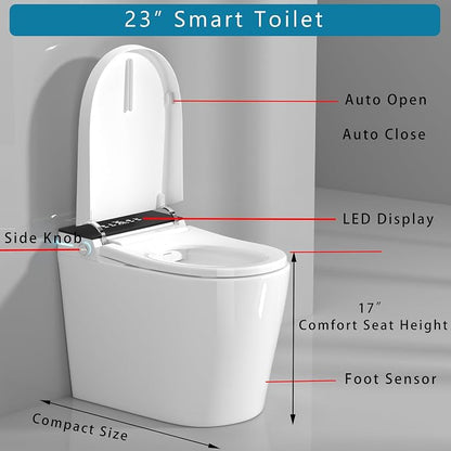 WinZo 23" Compact Smart Toilet with Bidet Seat Built-in For Small Bathroom, Auto Flush, LED Night Light,Heated Bidet with Warm Air Drying (White with Black Panel) (12 inches Rough-in Black)