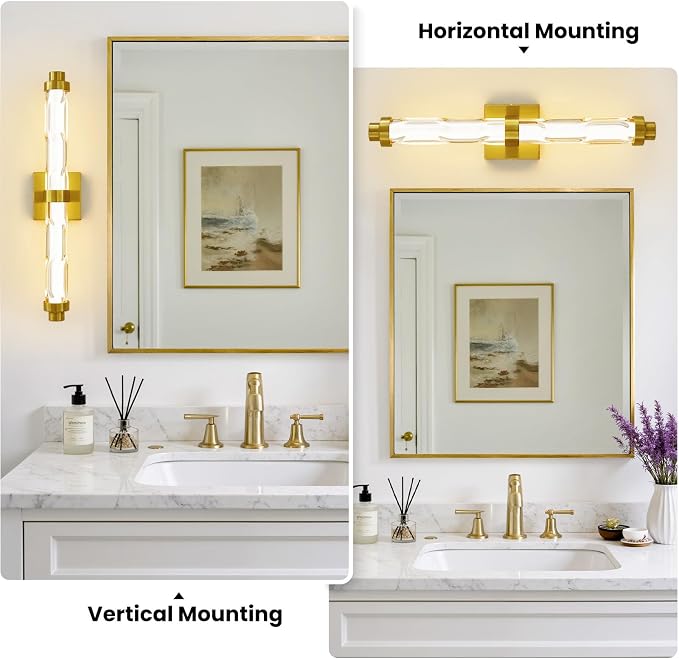 23.6" Gold Wall Sconce, Modern Vanity Light with Ripple Glass Shade, 5CCT Dimmable LED Bathroom Wall Lighting 20W for Mirror, Bedroom, Living Room, Hallway
