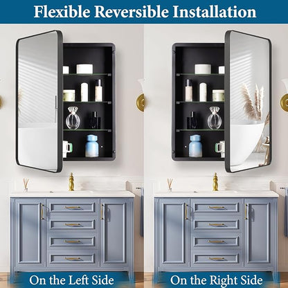 24’’x36’’ Medicine Cabinet,Metal Framed Medicine Cabinet Mirror with Round Corner,Recessed and Surface Mount Bathroom Mirror with Storage, Removeable Shelves,Dark Gray Frame