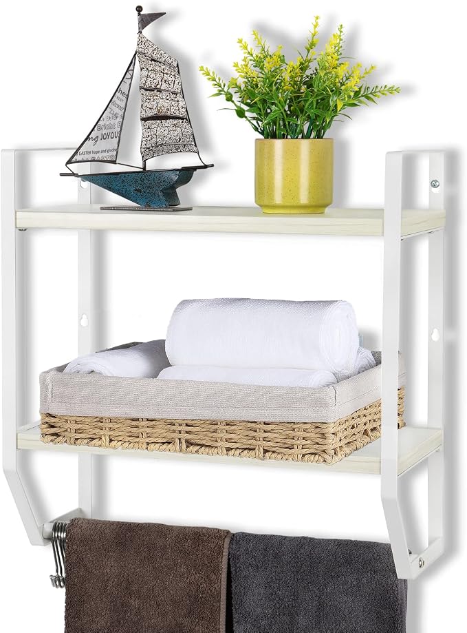 OYEAL Bathroom Shelf with Towel Bar Wall Mounted | Towel RaRustic Towel Shelf for Bathroom with 5 Hooks, 2 Tier Shelf Storage Organizer for Living Room, Kitchen, Bedroom, White