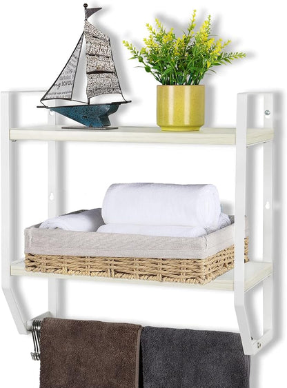 OYEAL Bathroom Shelf with Towel Bar Wall Mounted | Towel RaRustic Towel Shelf for Bathroom with 5 Hooks, 2 Tier Shelf Storage Organizer for Living Room, Kitchen, Bedroom, White