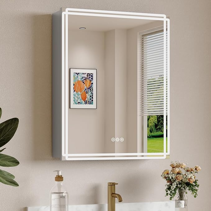 Buruis 20'' x 28'' Medicine Cabinet with Lights and Mirrors, Recessed or Wall Mounted Modern Bathroom Cabinet with 3-Mode Light, Anti-Fog, Dimmable, Memory Function, Outlet, Silver