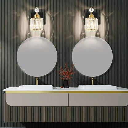 PRESDE 1-Light Bathroom Vanity Light, Modern Black and Gold Wall Sconce with Crystal Shade, Single Wall Lamp for Over Mirror Bedroom Hallway