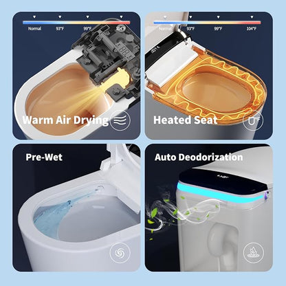 Smart Toilet with Bidet Built in, 360° Siphon Auto Flush & Automatic Lid, One Piece Toilet for Bathrooms with LED Display, Heated Seat, Warm Water, Dryer, Foam Shield, Night Light, 12" Rough-in