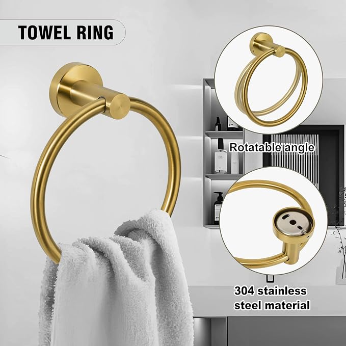 5 Piece Modern Style Wall Mounted Bathroom Hardware Set | #304 Stainless Steel, 24" Towel Bar Mount, Towel Rings, L Shape Toilet Paper Holder, Bathrobe Hook (Brushed Gold)