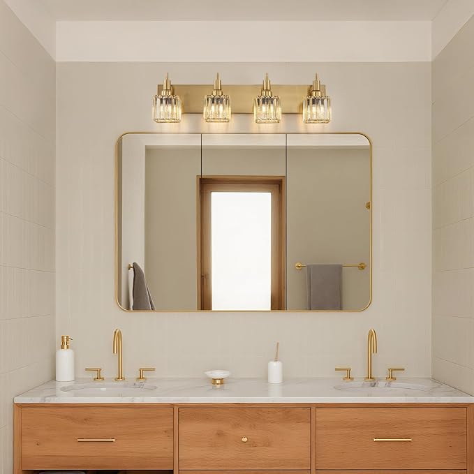 Gold Bathroom Light Fixtures, 4-Lights Crystal Bathroom Vanity Light Over Mirror Modern Gold Crystal Wall Light