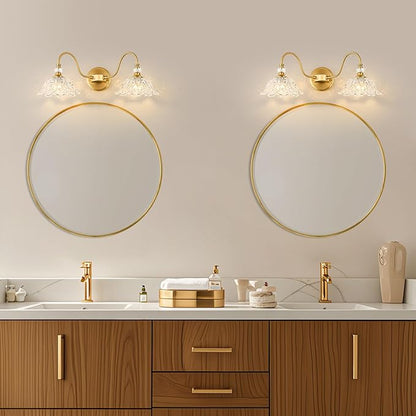 Gold Bathroom Vanity Light, 2-Light Brushed Gold Finish Vanity Light with Floral Clear Glass Shades, Retro Wall Mount Lighting for Bathroom, Dressing Table