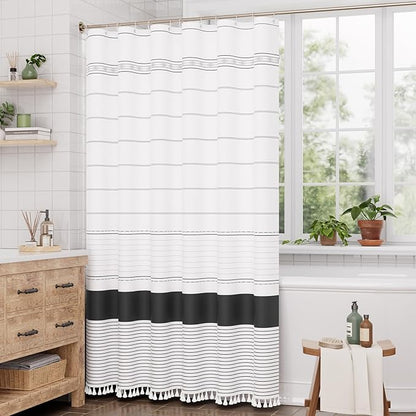 AmazerBath Boho Shower Curtain Set, Rustic Faux Linen Black Striped Shower Curtain with Hooks, Modern Farmhouse Shower Curtain with Tassels, White Base Toned, 72x72 Inches