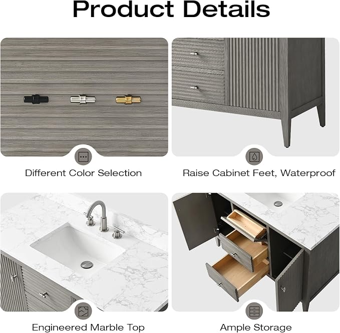 Vanity Art 48 inch Bathroom Vanity with Single Sink & Ceramic Top, Vanity Cabinet with Soft-Closing Door, Solid Wood Frame, Linear Pattern, Driftwood Gray, VA9148-DG-MB,Matte Black Handles