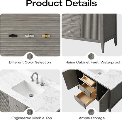 Vanity Art 48 inch Bathroom Vanity with Single Sink & Ceramic Top, Vanity Cabinet with Soft-Closing Door, Solid Wood Frame, Linear Pattern, Driftwood Gray, VA9148-DG-MB,Matte Black Handles