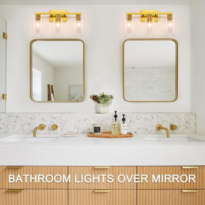 Gold 3-Light Bathroom Vanity Light, Modern Brushed Gold Vanity Lights with Clear Glass Shades, Bathroom Wall Sconce Lamp for Mirror Living Room Bedroom Hallway