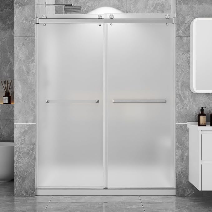 Frosted Sliding Shower Door, 56-60" W x 72" H-1/4” (6mm), Frosted Glass Shower Door with 4" Left Adjustable Width, 304 Stainless Steel Hardware, Quiet Rollers, Bottom Water Seal, Brushed Nickel