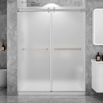 Frosted Sliding Shower Door, 56-60" W x 72" H-1/4” (6mm), Frosted Glass Shower Door with 4" Left Adjustable Width, 304 Stainless Steel Hardware, Quiet Rollers, Bottom Water Seal, Brushed Nickel