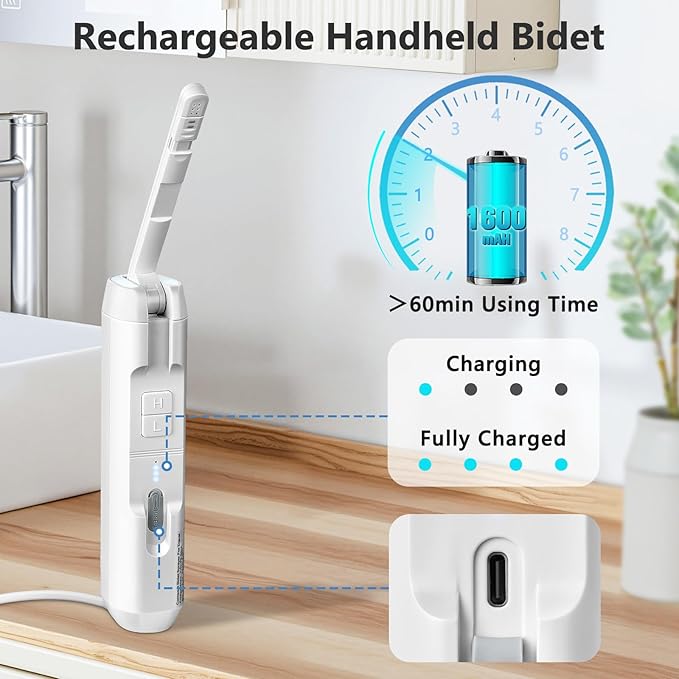 Portable Bidet for Home & Hotel use, Travel Bidet with Adjustable High Pressure & Flush Angle, IPX7 Waterproof, 1600mAh Electric Bidet for Women & Men with 2.5L Reservoir