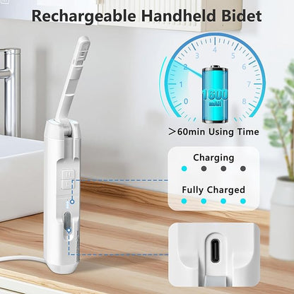 Portable Bidet for Home & Hotel use, Travel Bidet with Adjustable High Pressure & Flush Angle, IPX7 Waterproof, 1600mAh Electric Bidet for Women & Men with 2.5L Reservoir